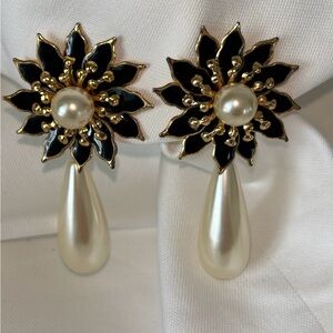 Elegant Vintage Monet Black Enamel and Gold Pearl Drop Earrings 3” L
